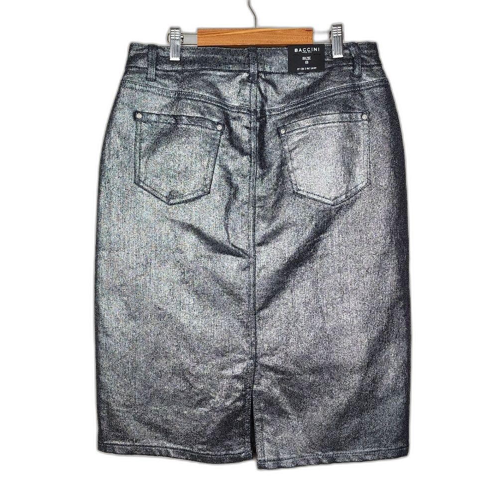 Baccini Metallic Jean Skirt Silver Denim Size 8 Fitted Pencil skirt - Picture 3 of 11
